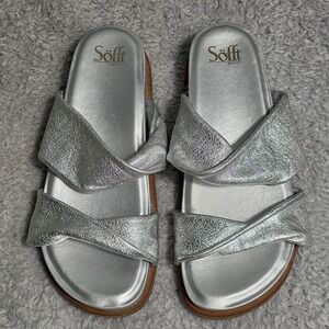 Sofft Mirabelle Slide Sandals Silver Metallic Leather Platform Womens 9.5‎ NEW